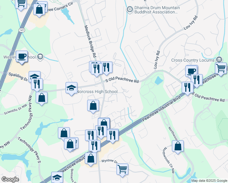 map of restaurants, bars, coffee shops, grocery stores, and more near 5151 Beverly Glen Village Lane in Norcross