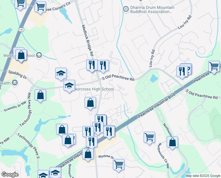 map of restaurants, bars, coffee shops, grocery stores, and more near 5151 Beverly Glen Village Lane in Peachtree Corners