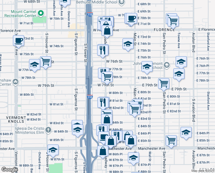 map of restaurants, bars, coffee shops, grocery stores, and more near 7912 South Broadway in Los Angeles
