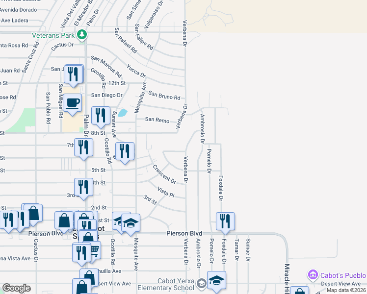 map of restaurants, bars, coffee shops, grocery stores, and more near 11111 San Lorenzo Drive in Desert Hot Springs