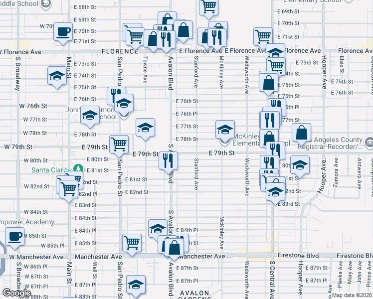 map of restaurants, bars, coffee shops, grocery stores, and more near 635 East 79th Street in Los Angeles