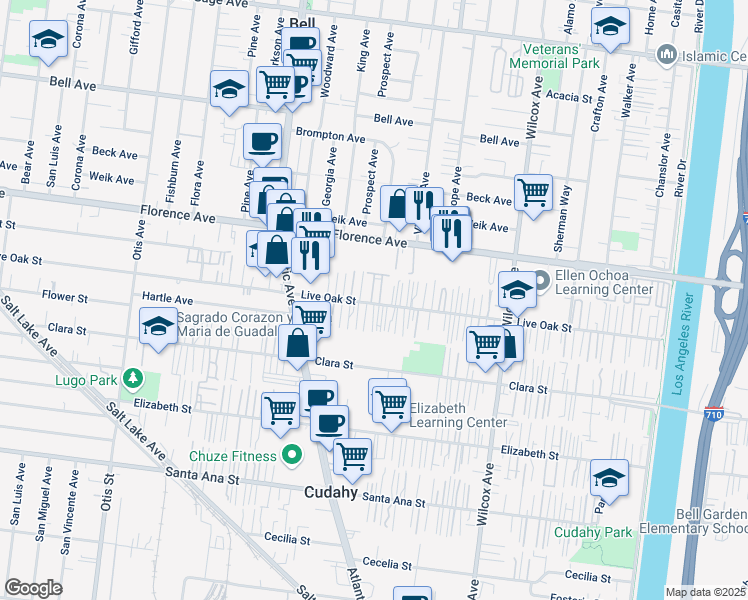 map of restaurants, bars, coffee shops, grocery stores, and more near 4720 Live Oak Street in Bell Gardens