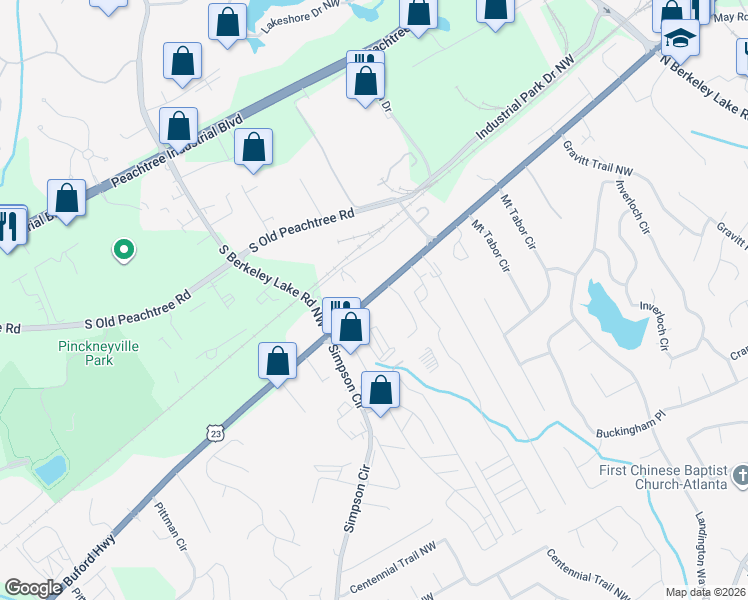map of restaurants, bars, coffee shops, grocery stores, and more near 4416 Buford Highway in Norcross