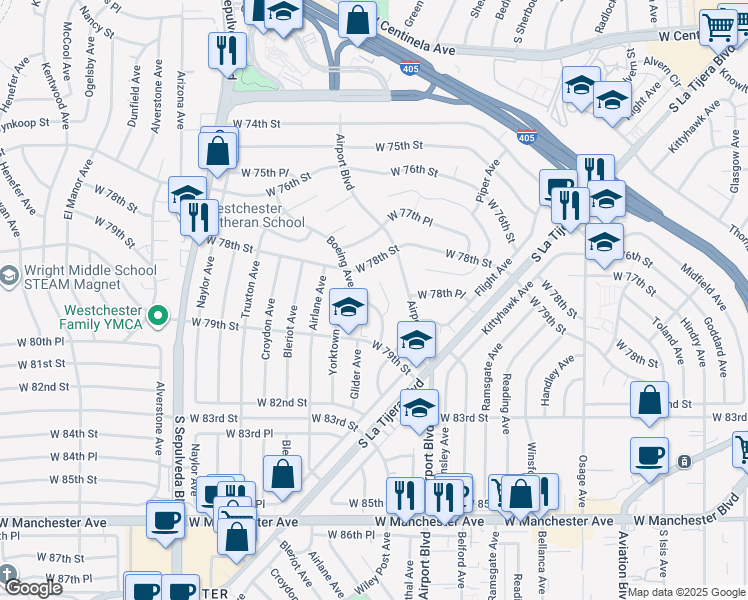 map of restaurants, bars, coffee shops, grocery stores, and more near 7840 Boeing Avenue in Los Angeles