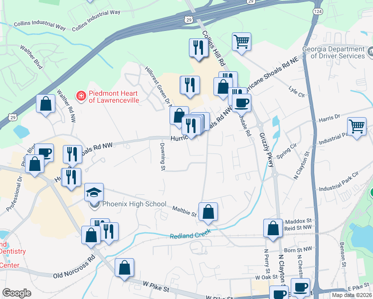 map of restaurants, bars, coffee shops, grocery stores, and more near 419 Hurricane Shoals Road Northwest in Lawrenceville