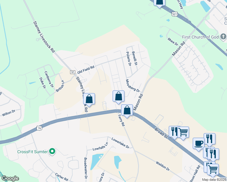 map of restaurants, bars, coffee shops, grocery stores, and more near 1636 Ruger Drive in Sumter