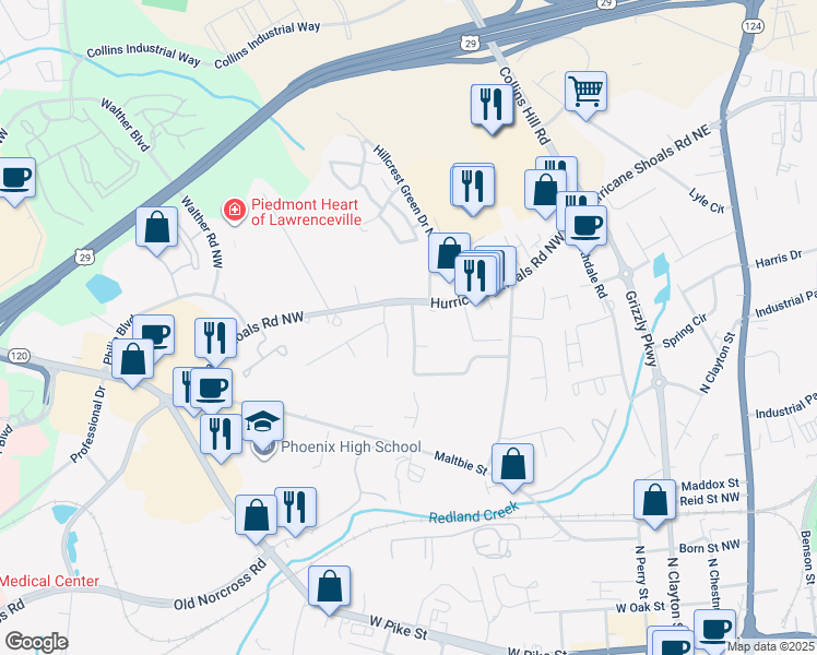 map of restaurants, bars, coffee shops, grocery stores, and more near 560 Downing Street in Lawrenceville
