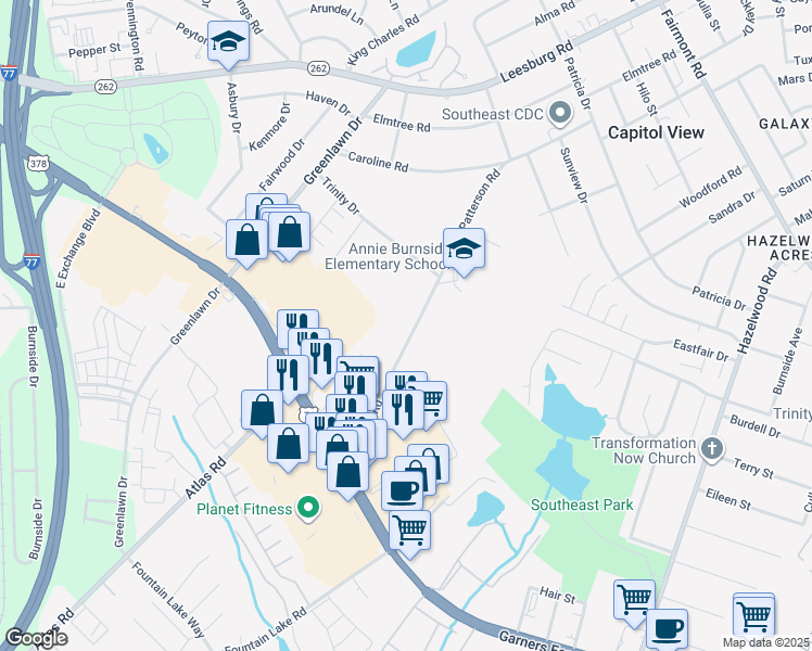 map of restaurants, bars, coffee shops, grocery stores, and more near 7317 Patterson Road in Columbia