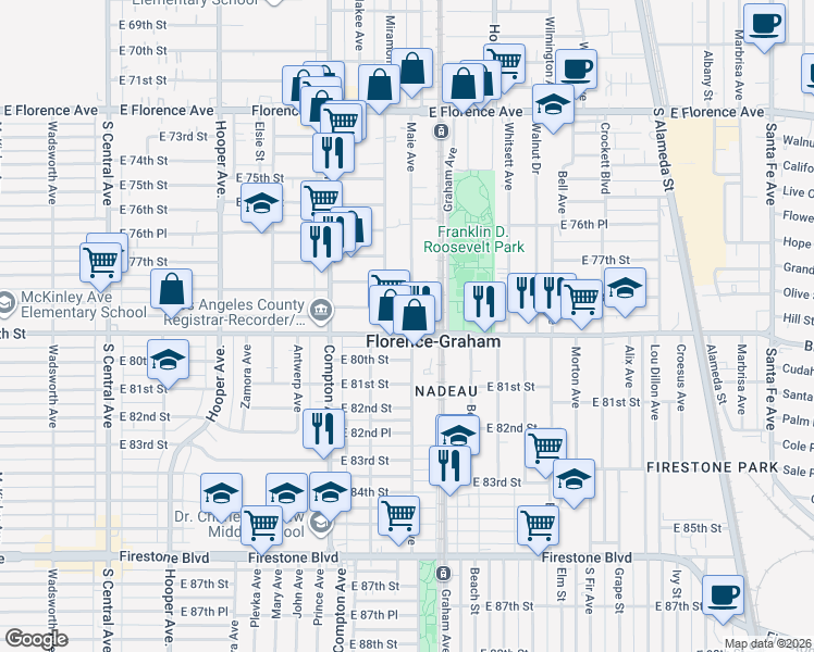 map of restaurants, bars, coffee shops, grocery stores, and more near 1609 Nadeau Street in Los Angeles