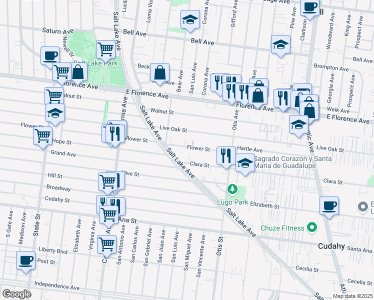 map of restaurants, bars, coffee shops, grocery stores, and more near 3912 Flower Street in Cudahy