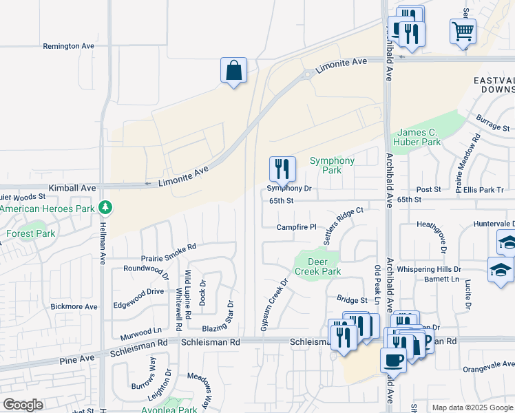 map of restaurants, bars, coffee shops, grocery stores, and more near 6613 Coyote Trail Lane in Corona