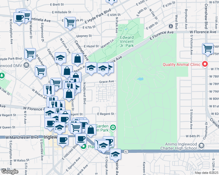 map of restaurants, bars, coffee shops, grocery stores, and more near 757 Daniel Freeman Circle in Inglewood