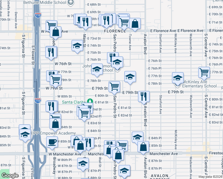 map of restaurants, bars, coffee shops, grocery stores, and more near 238 East 79th Street in Los Angeles