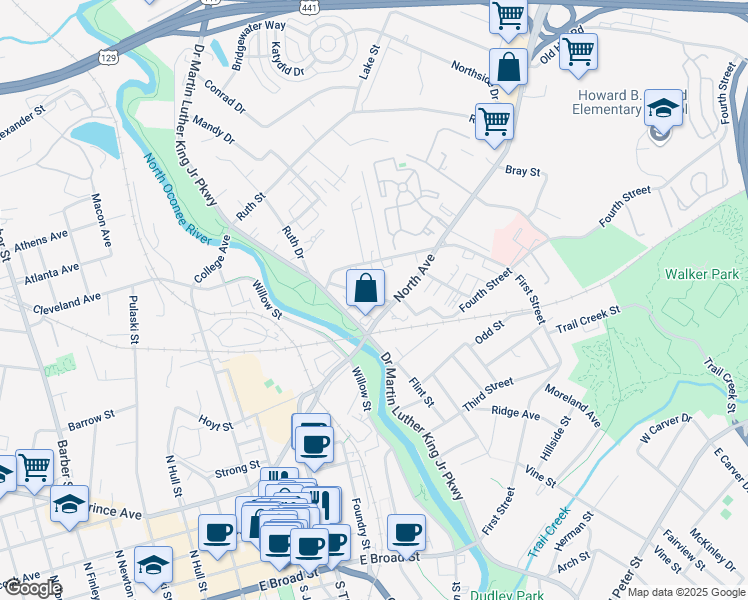 map of restaurants, bars, coffee shops, grocery stores, and more near 221 Madison Heights in Athens