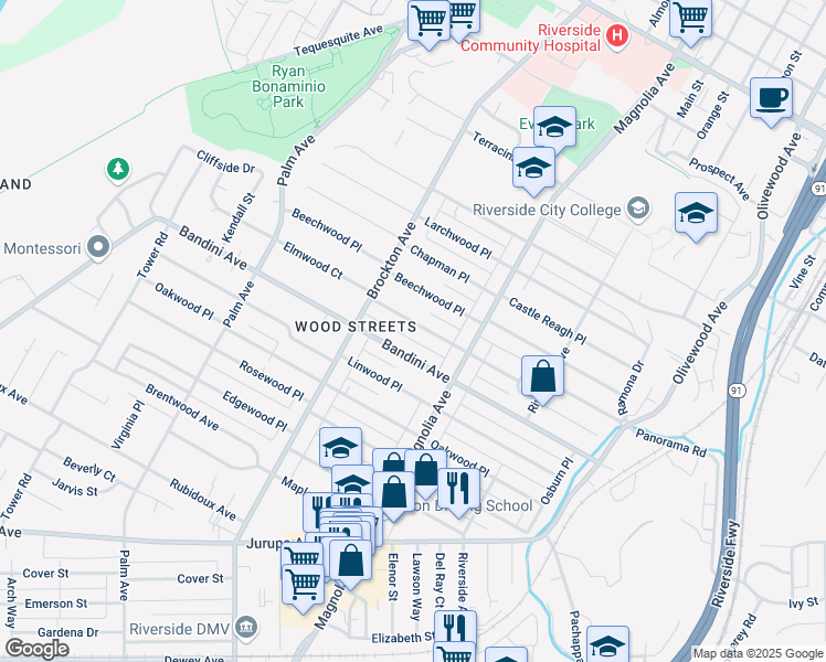 map of restaurants, bars, coffee shops, grocery stores, and more near 3956 Elmwood Court in Riverside