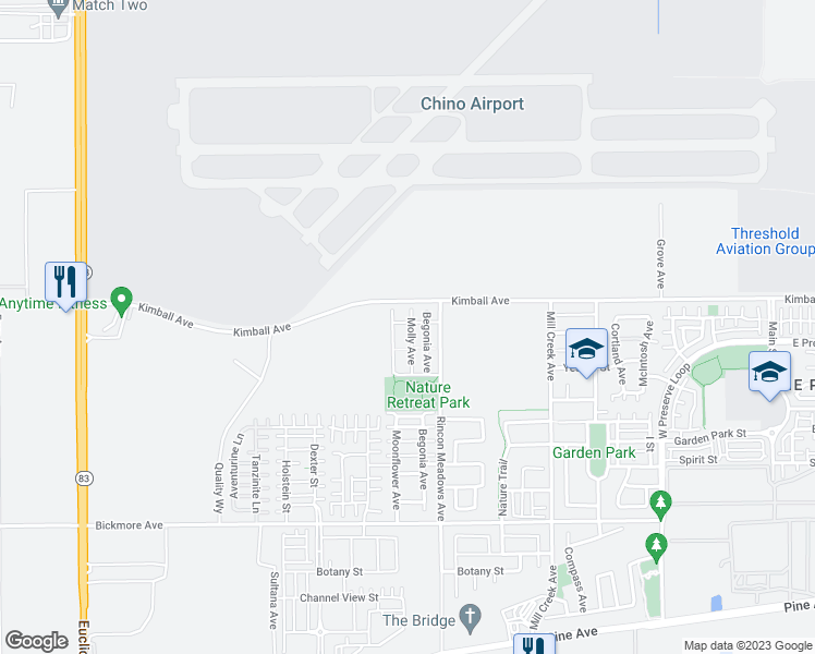 map of restaurants, bars, coffee shops, grocery stores, and more near 15750 Molly Avenue in Chino