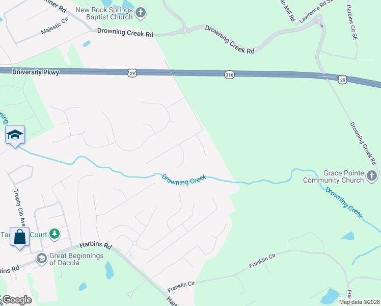 map of restaurants, bars, coffee shops, grocery stores, and more near 1220 Hannah Court Southeast in Dacula