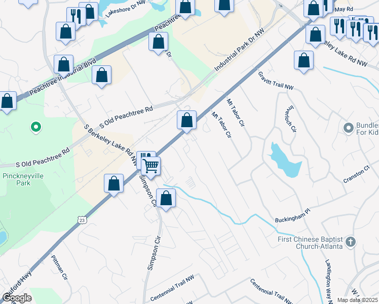 map of restaurants, bars, coffee shops, grocery stores, and more near 2961 Township Glen Lane in Norcross