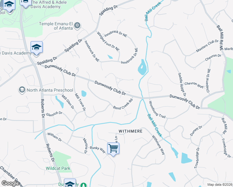 map of restaurants, bars, coffee shops, grocery stores, and more near 3569 Dunwoody Club Drive in Atlanta