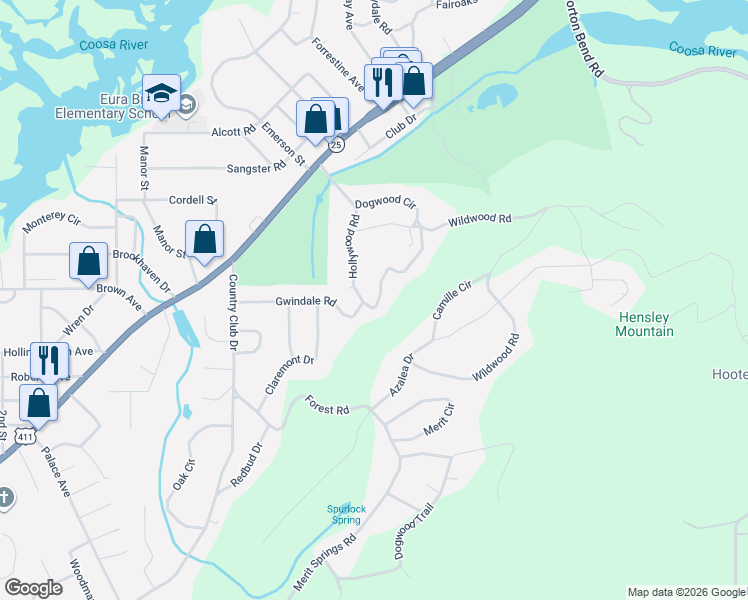 map of restaurants, bars, coffee shops, grocery stores, and more near 324 Hollywood Road in Gadsden