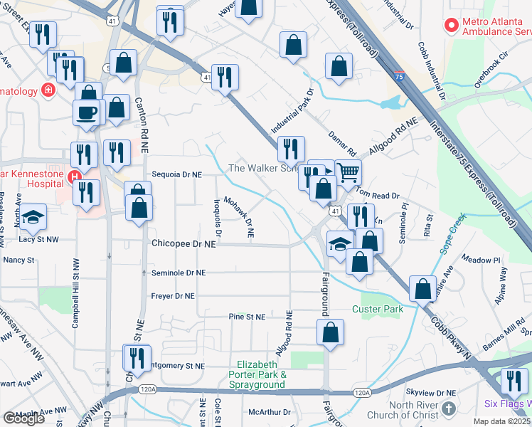 map of restaurants, bars, coffee shops, grocery stores, and more near 619 Creek Water Trail in Marietta