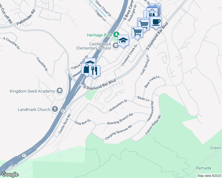 map of restaurants, bars, coffee shops, grocery stores, and more near 21116 Blossom Way in Diamond Bar