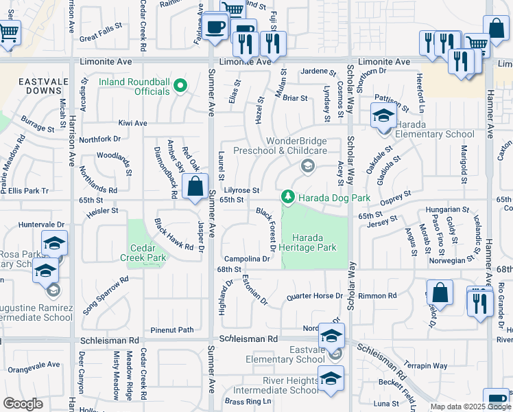map of restaurants, bars, coffee shops, grocery stores, and more near 6700 Black Forest Drive in Corona