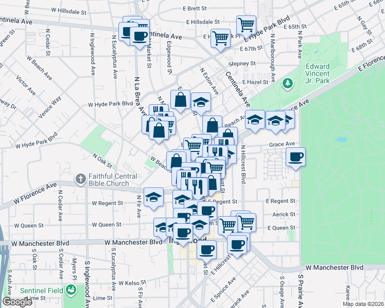 map of restaurants, bars, coffee shops, grocery stores, and more near 10 North Market Street in Inglewood