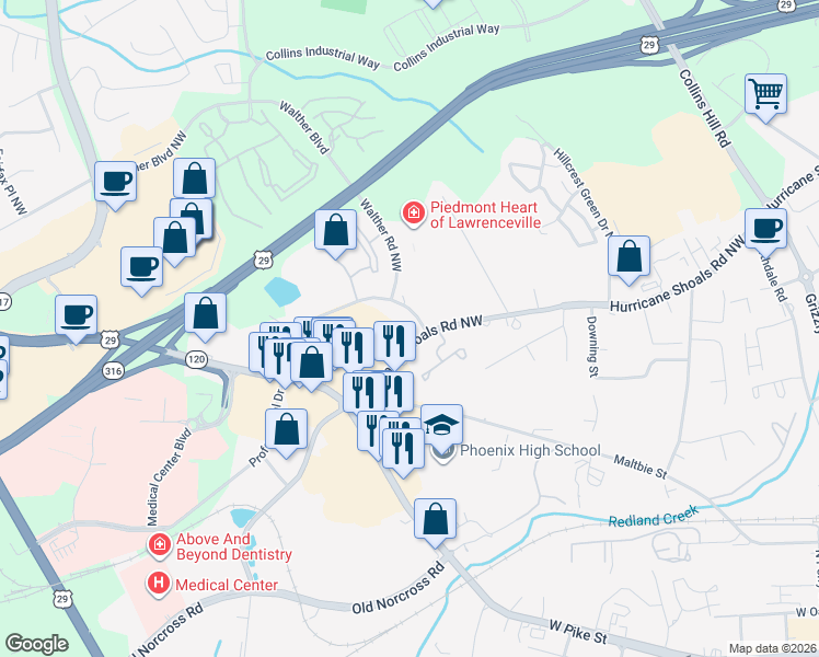 map of restaurants, bars, coffee shops, grocery stores, and more near 300 Philip Boulevard in Lawrenceville