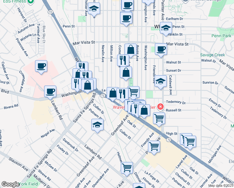 map of restaurants, bars, coffee shops, grocery stores, and more near 15733 Whittier Boulevard in Whittier