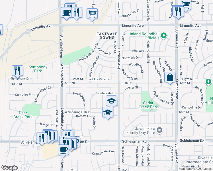map of restaurants, bars, coffee shops, grocery stores, and more near 13894 Blue Ribbon Lane in Corona