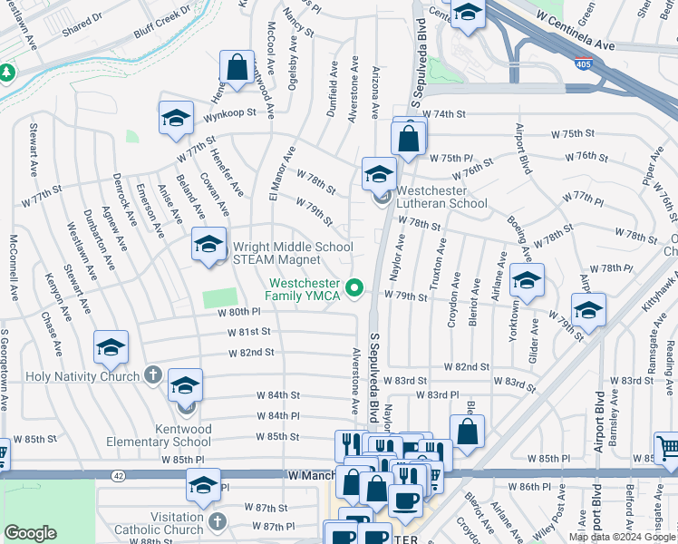 map of restaurants, bars, coffee shops, grocery stores, and more near 6339 West 80th Street in Los Angeles
