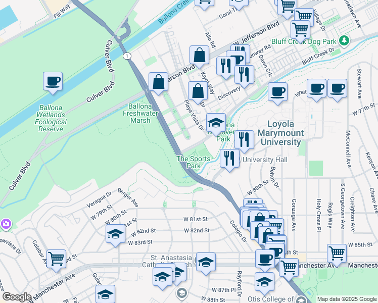 map of restaurants, bars, coffee shops, grocery stores, and more near 771 Bluff Creek Drive in Los Angeles