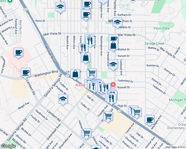 map of restaurants, bars, coffee shops, grocery stores, and more near 8011 Bright Avenue in Whittier