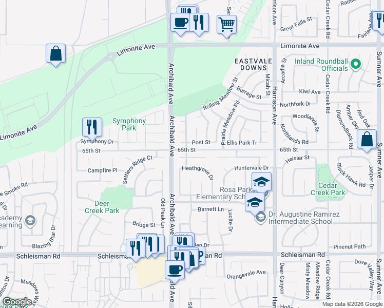 map of restaurants, bars, coffee shops, grocery stores, and more near 14126 Bay Circle in Corona