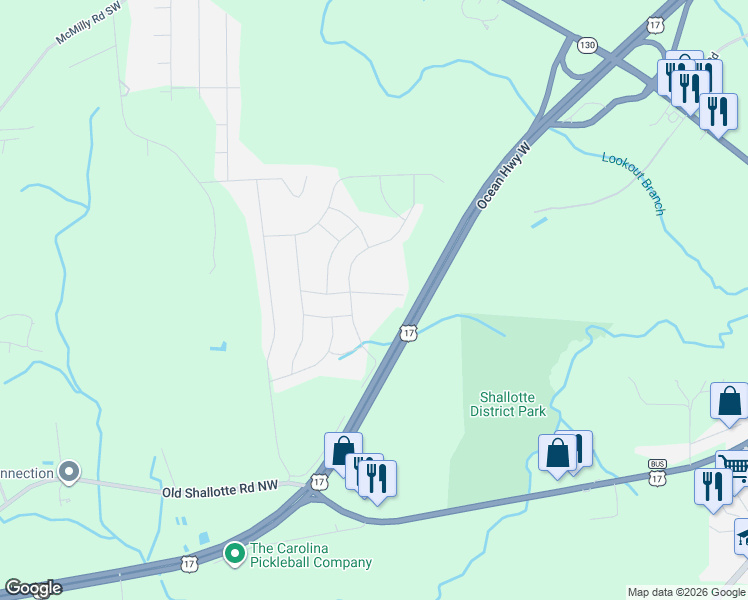map of restaurants, bars, coffee shops, grocery stores, and more near 190 Wild Raven Street Northwest in Shallotte