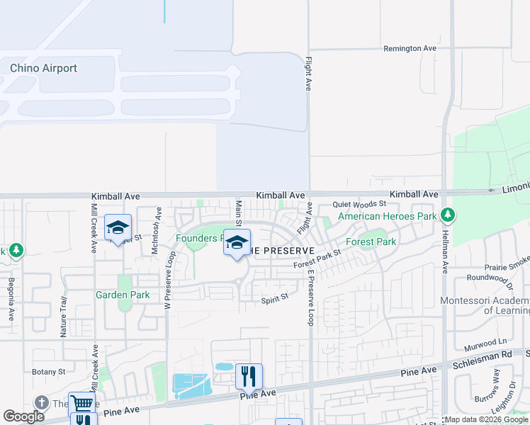 map of restaurants, bars, coffee shops, grocery stores, and more near 8342 East Preserve Loop in Chino