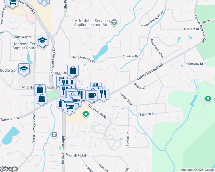 map of restaurants, bars, coffee shops, grocery stores, and more near 712 Noble Oak Drive in Marietta