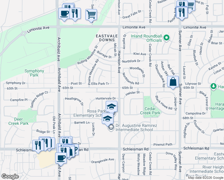 map of restaurants, bars, coffee shops, grocery stores, and more near 13814 Blue Ribbon Lane in Corona