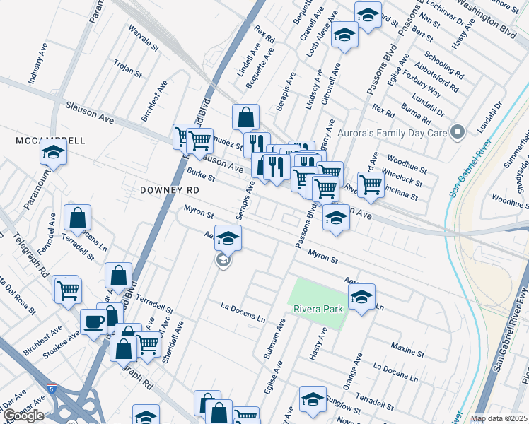 map of restaurants, bars, coffee shops, grocery stores, and more near 9225 Myron Street in Pico Rivera