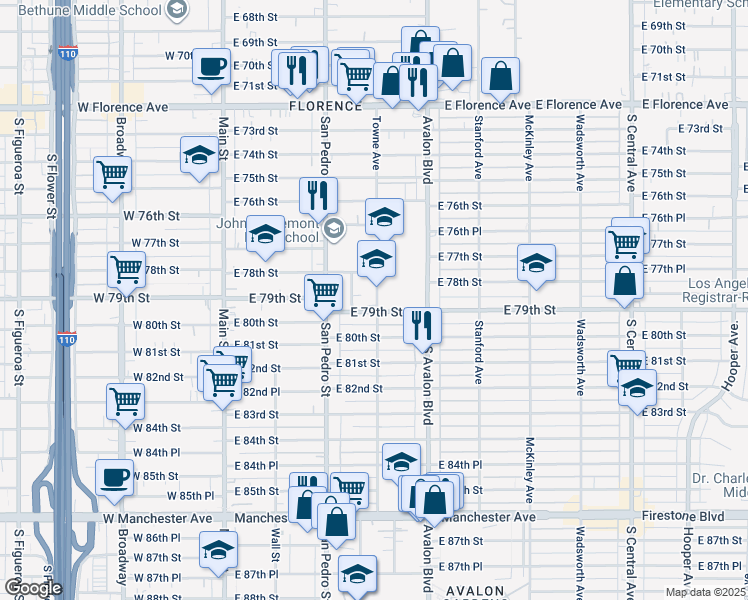 map of restaurants, bars, coffee shops, grocery stores, and more near 7843 Towne Avenue in Los Angeles