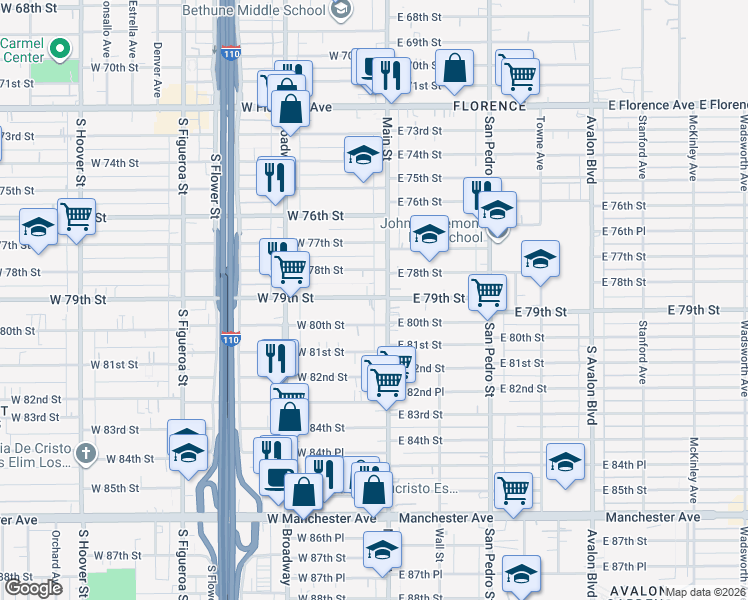 map of restaurants, bars, coffee shops, grocery stores, and more near 126 West 79th Street in Los Angeles