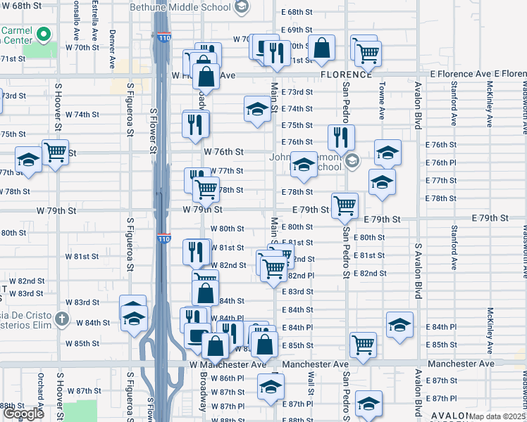 map of restaurants, bars, coffee shops, grocery stores, and more near 126 West 79th Street in Los Angeles