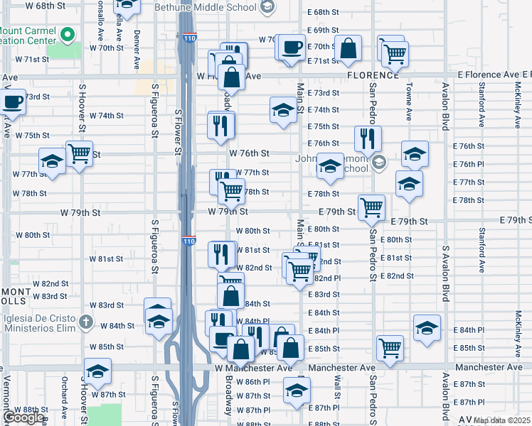 map of restaurants, bars, coffee shops, grocery stores, and more near 210 West 79th Street in Los Angeles