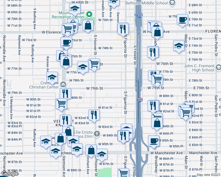 map of restaurants, bars, coffee shops, grocery stores, and more near 704 West 79th Street in Los Angeles