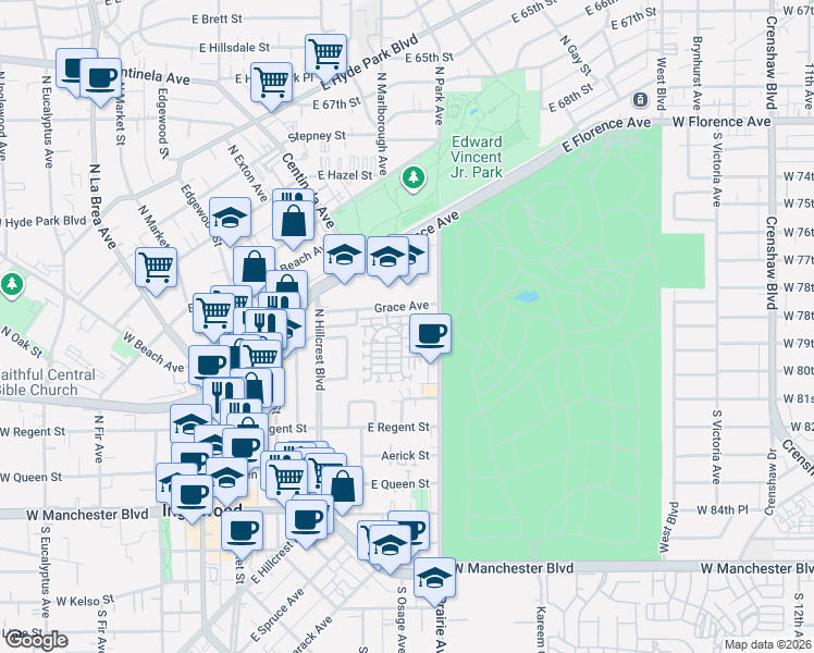 map of restaurants, bars, coffee shops, grocery stores, and more near 757 Daniel Freeman Circle in Inglewood