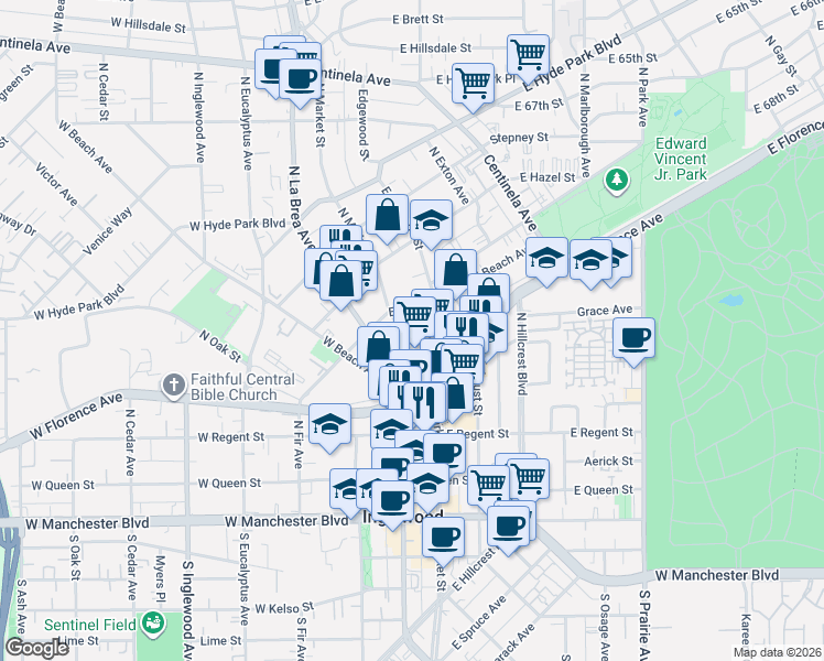 map of restaurants, bars, coffee shops, grocery stores, and more near 10 North Market Street in Inglewood