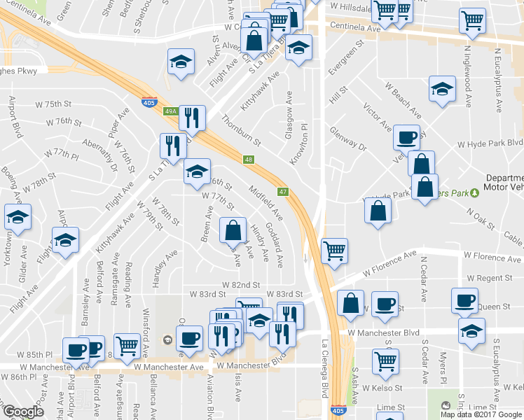 map of restaurants, bars, coffee shops, grocery stores, and more near 7607 Goddard Avenue in Los Angeles