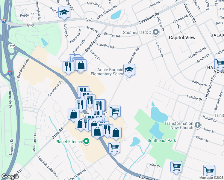 map of restaurants, bars, coffee shops, grocery stores, and more near 7317 Patterson Road in Columbia