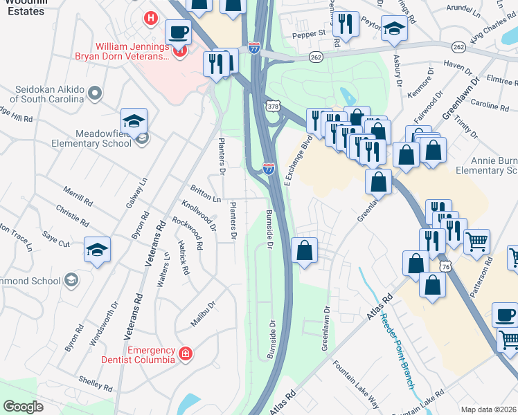 map of restaurants, bars, coffee shops, grocery stores, and more near 401 Burnside Drive in Columbia